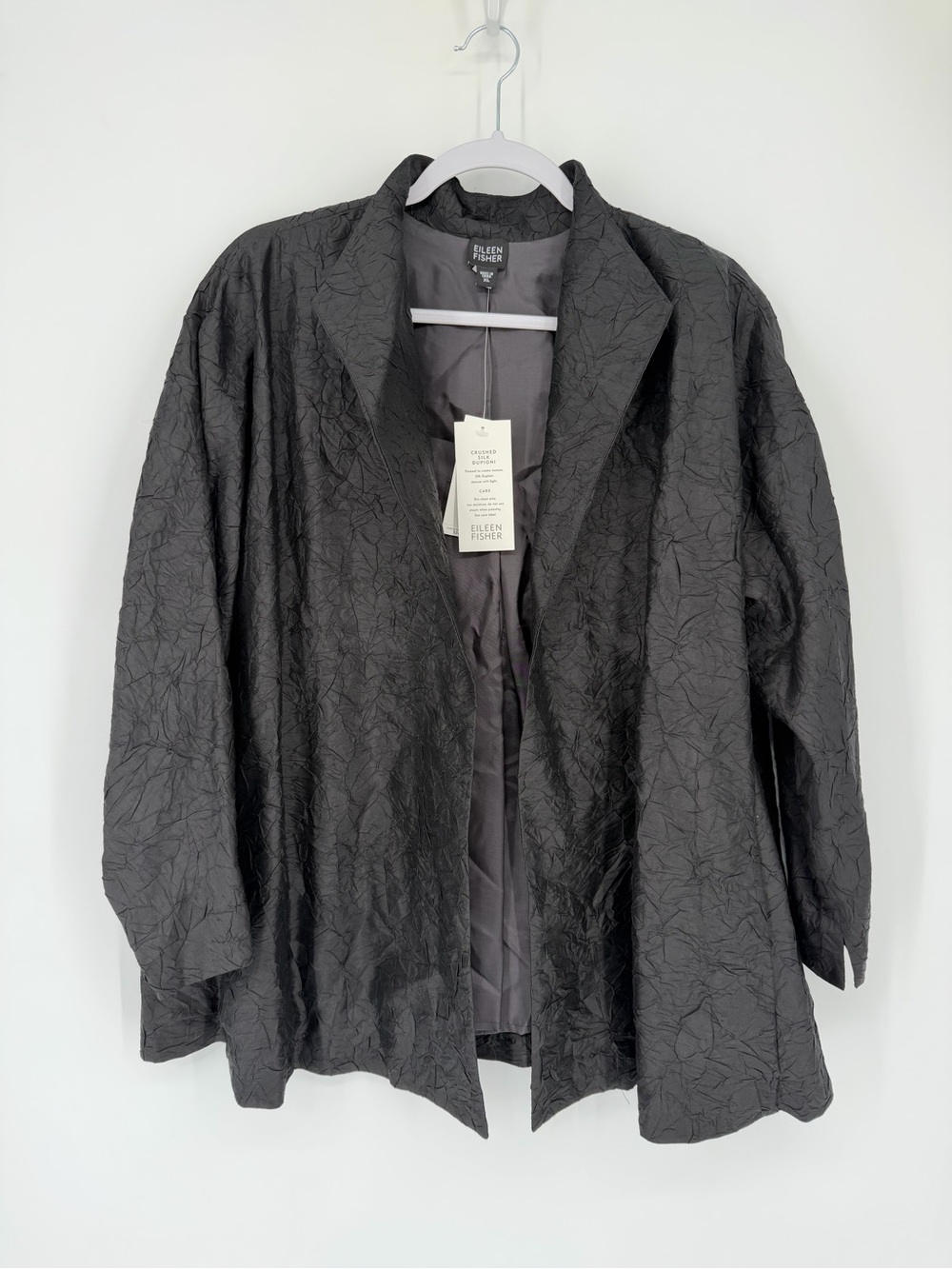 NWT Eileen Fisher Crushed Silk Dupioni Jacket in Black Large Crepe Open Front XL